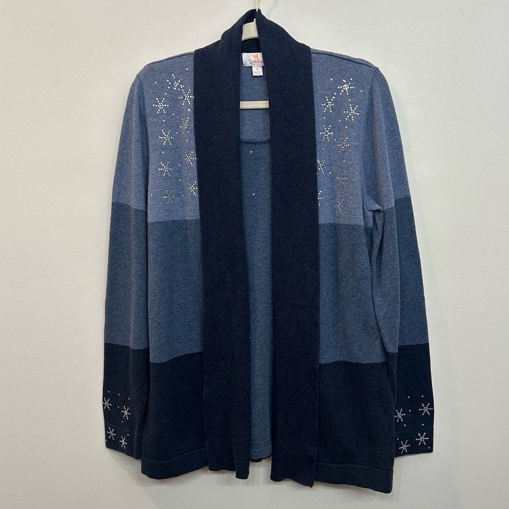 Quacker Factory Woman’s Blue Color Block Sweater With Snow Sparkles Size M
